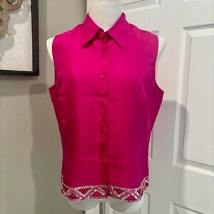 Vision Apparel Pink Silk Button Down Sleeveless Top with Sequin Details Size 12